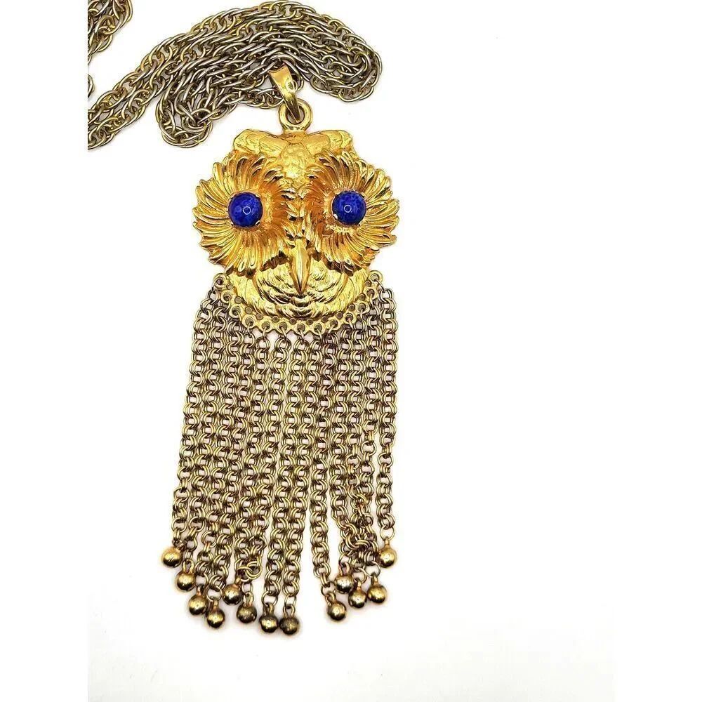 Incredibl Vntg 70s Chunky Owl Pendant Lapis with Chains 7in pendant 30in chain